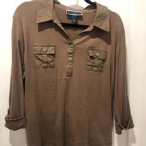 Karen Scott brown blouse. Cropped sleeve.